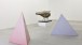 Lynn Chadwick, foreground L-R Pyramid Red/White, 1966, formica on wood; H: 122 cm; unique Pyramid Violet/White, 1966, formica on wood, H: 109 cm; unique In the background: Beast XVI, 1959, bronze, 78x173x87 cm, Edition 3 of 4