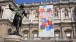 Burlington House courtyard:Statue of Sir Joshua Reynolds garlanded for the  opening of the 243rd Summer Exhibition