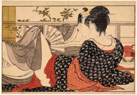 Kitagawa Utamaro (d.1806), Lovers in the upstairs room of a teahouse, from Utamakura (Poem of the Pillow), c.1788. Sheet from a colour-woodblock printed album. © The Trustees of the British Museum