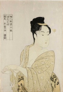 Kitagawa Utamaro (d.1806), Uwaki no so (Fancy-free type) from the series ‘Fujin sogaku juttai’ (‘Ten Types in the Physiognomic Study of Women’), c.1792–3. Colour woodblock print with white mica ground. © The Trustees of the British Museum