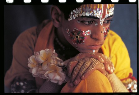 A young boy at Varanasi in Uttar Predesh dressed to play the part of Rama in the Hindu epic Ramayana