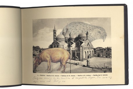 ‘Early one morning, by the basilica of compatible shapes, I'm sure my eyes were not fooling me’. In Padova, looking for you, Gracia Haby and Louise Jennison, 2011. Altered unique book, pencil and collage.