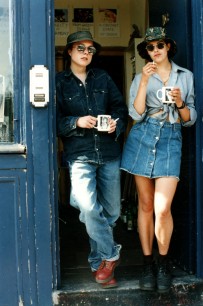 Sarah Lucas and Tracey Emin outside the door of The Shop, 1993. Brick Lane Street Market