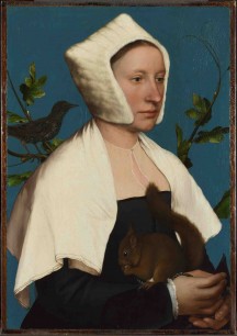 Hans Holbein the Younger (c. 1497–1543), A Lady with a Squirrel and a Starling (Anne Lovell?), c. 1526–8. Oil on oak, 56 x 38.8 cm, lent by the National Gallery © The National Gallery, London