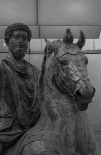 The equestrian statue of Marcus Aurelius, with a bird-like tuft of hair between the horse’s ears I