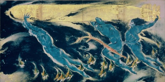 Kawabata Ryūshi, Gods of Torpedoes (or Gods of our Waters), 1944. Originally 4-panelled screen; colour on paper, 243x485cm. Kawabata Ryūshi Memorial Museum, Tokyo