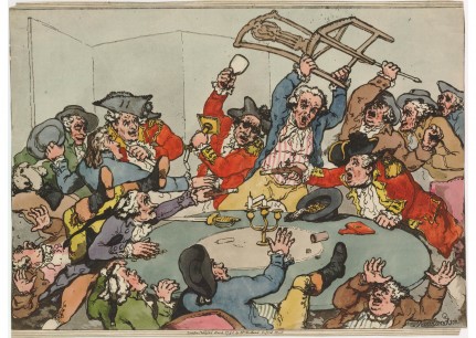 A Kick-up at a Hazard Table!  Hand-coloured etching with aquatint,  Published March 1790.  Although praised at the time for 'lashing the vice of gaming', in many ways this composition is as much a celebration of one of Rowlandson's favourite pastimes