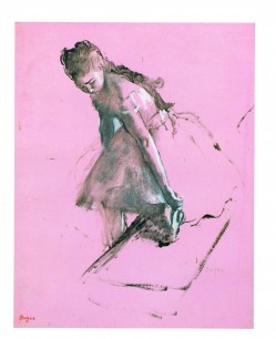 Edgar Degas, Dancer adjusting her Shoe, c. 1874. Essence with brown ink and oil heightened with bodycolour on pink paper, 40x32cm. Private Collection