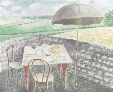 Eric Ravilious, Tea at Furlongs, 1939. Pencil and watercolour. 45.8x56cm. Private collection.