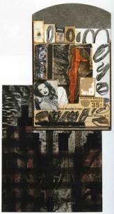 Ray Johnson, Untitled (Black Mountain College), c.1953-1959-1980. Collage, ink on cardboard panel, 20x13x1.5 inches. ©The Estate of Ray Johnson.