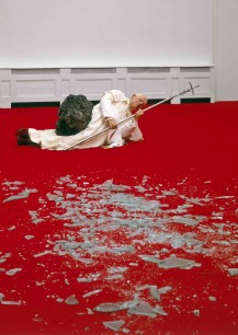 Maurizio Cattelan La Nona Ora, 1999 Polyester resin, wax, pigment, human hair, fabric, clothing, accessories, stone, glass, and carpet, dimensions variable