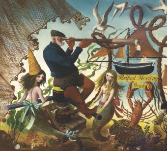 Alan Sorrel, Working Boats from Around the British Coast, Mural of the Nelson Bar, HMS Campania, 1951, (detail) signed, oil on five panels, 122 x 914.4 cm, private collection