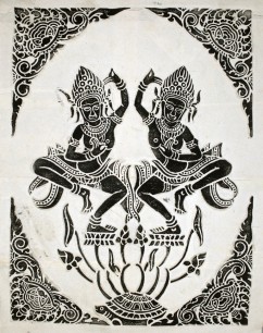 Rubbing of Apsaras (Celestial Dancers). Cambodia, early 1960s. Ink rubbing on paper, 46x35 cm. SOAS Library Acc. 14111. Gift of Professor Frank Daniels, 1980. Rubbing of a pair of yogini-style figures in Ardhaparyanka dancing on a lotus pedestal