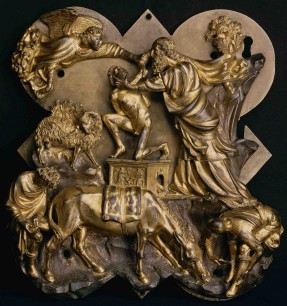 Filippo Brunelleschi (1377-1446), The Sacrifice of Isaac, 1401 gilt bronze, 41.5x39.5x9 cm Florence, Museo Nazionale del Bargello, inv. 209