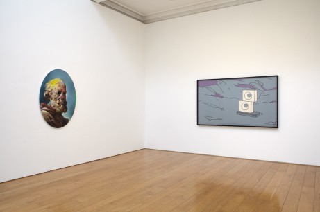 Installation shot with Glenn Brown, The Shallow End (2011, Private collection) left and Patrick Caulfield, Sculpture in a Landscape (1966), right (Arts Council Collection)