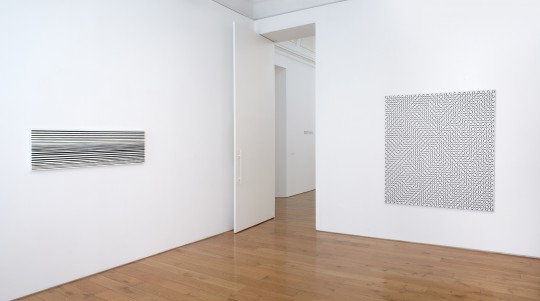 Iinstallation shot at Karsten Schubert, showing Horizontal Vibration 1961 and Disturbance 1964, both by Bridget Riley