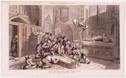 Death and the Antiquaries, from The Dance of Death. Hand-coloured etching (1816). The proceedings of the Society of Antiquaries amused the artist. This is nonetheless a serious & thoughtful satire on the nature of mortality & the decay of monuments built