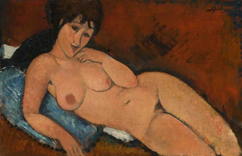 Amedeo  Modigliani,  Nude on a Blue Cushion, 1917  oil on linen.  Overall: 65.4 x 100.9 cm Chester Dale Collection