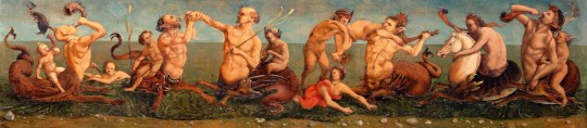 Piero di Cosimo, Tritons and Nereids (with Satyrs and Hippocamp), c. 1500–05/07 tempera on panel, 37x158cm.  Altomani & Sons – Milan and Pesaro