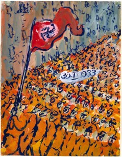 Charlotte Salomon, Power Takeover by Hitler: The rise of the Nazis, 30 January 1933, Act 2 from Leben? oder Theatre?, ein Singespiel (Life? or Theatre? A Play with Music), (1942). Gouache on paper, 32.5x25cm. Jewish Historical Museum, Amsterdam