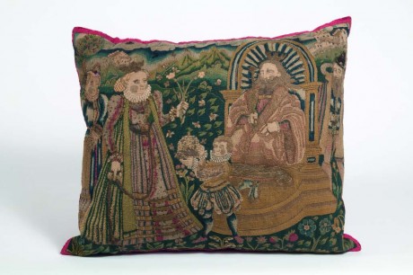 Embroidered panel showing the Queen of Sheba before King Solomon, mounted as a cushion. Swiss, 1575–1600, linen, wool & metal thread embroidered in couched work, long-&-short & stem stitches, with some raised work, 46x56.5 cm Acc. no. 5355; E1/19/4