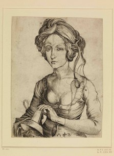 Martin Schongauer (1440/45–91), A Foolish Virgin in half-length, c. 1470–82 Engraving, 146 x 110 mm © The Trustees of the British Museum, London, Inv. 1845, 0809.292