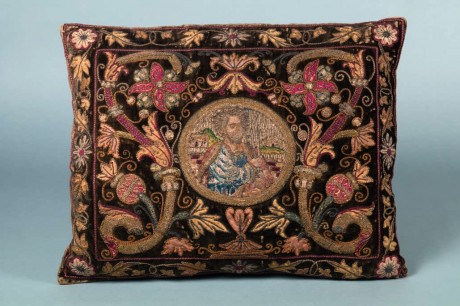 One of a pair of embroidered cushions depicting Saint Peter and Saint Paul South German, late 1500s, silk velvet, linen, with silk & metal thread in laid & couched work, encroaching gobelin, stem & split stitches, 450 x 555 mm Acc. nos. 767.1995.1-2; E2/3