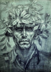 Heinz Hindorf, From the series 'The Nameless Passion': The Laurel Wreath (1944). India ink & pen wash drawing on watercolour background, 57.8x44.5cm. Stadt Michelstadt, gift of the artist, 1980