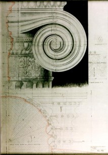 The design for an Ionic capital, inspired by those at Erechtheion, Athens. Rendering by Francis Terry, Quinlan & Francis Terry, Architects