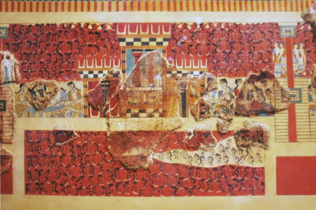 Fresco from Knossos showing architectural detail and women who appear to be spectators at a ceremony