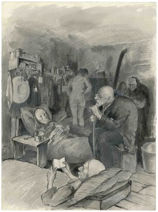 Charlotte Burešová, Visiting the Sick, c.1943. India ink, gouache and pencil on paper, 31.3x23.3cm. Collection of the Yad Vashem Art Museum, Jerusalem, gift of the artist