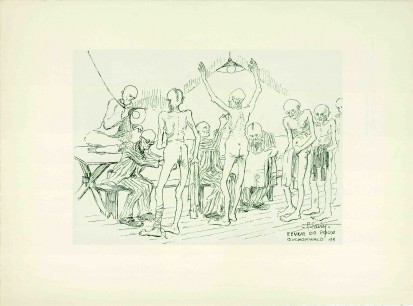 Auguste Favier, Checking for Lice (Buchenwald) (1944). Lead pencil on paper, 18x25cm. Collection of Robert Favier