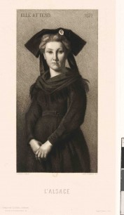 Léopold Flameng, engraving (1871), after Jean-Jacques Henner, L’Alsace: Elle attend, 42.5 x 23 cm. Paris, Bibliothéque Nationale de France, Département des Estampes et Photographies.