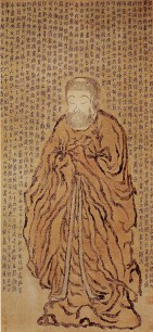 Jin Nong, Shakyamuni Buddha, 1760, hanging scroll, ink and colour on paper. An extraordinary image of a standing buddha, archaic in its effect, entirely surrounded by writing like certain stone reliefs from pre-Tang times