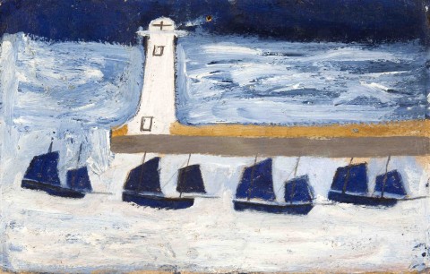 Alfred Wallis, Four Luggers and a Lighthouse, c. 1928, Oil on card, 16.5 x 26 cm, Private Collection, on loan to mima, Middlesbrough Institute of Modern Art