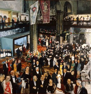 Michael Andrews. The Lord Mayor’s Reception in Norwich Castle Keep, On the Eve of the Installation of the First Chancellor of the University of East Anglia 1966-69 Oil and silkscreen on turaphot linen on canvas 213.3 x 213.3 cm