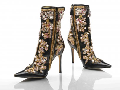 Dolce & Gabbana, Ankle boots, black leather stiletto heels with gold, white and pink embroidery, 2000. Photo © Victoria and Albert Museum, London