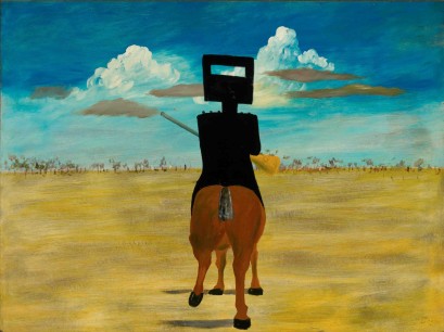 Sidney Nolan,  Ned Kelly (1946),  Enamel on composition board,  90.8x121.5cm.  National Gallery of Australia, Canberra  Gift of Sunday Reed 1977