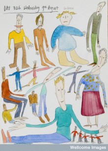 Bobby Baker, Diary Drawing 326 'Me and my friends at the Day Centre' (1997 - 2008) Watercolour paper, pencil, watercolour