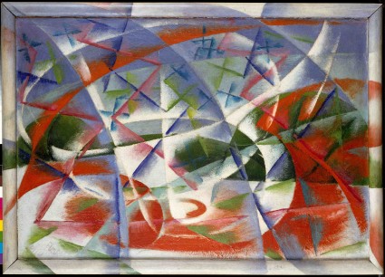 Giacomo Balla, Velocità astratta + rumore (Abstract speed + sound). 1913–14. Oil on board, inc. the artist’s original painted frame, 54.5 x 76.5 cm. The Solomon Guggenheim Foundation, Peggy Guggenheim Collection, Venice. © 2012/Artists Rights Society (ARS