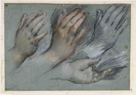 Federico Barocci, Studies for the Virgin's Hands, Charcoal with red & pink pastel with white on blue paper 27.3 x 39.4 cm Staatliche Museen zu Berlin, Kupferstichkabinett KdZ 20453 (4190) © Volker-H. Schneider