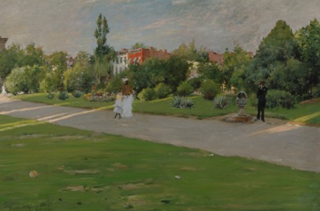 William Merritt Chase, Park in Brooklyn, c1887, Oil on panel, 16⅛×24⅛in. Signed lower left: Wm. M. Chase, Littlejohn Collection, 1961.5.11