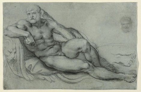 Annibale Carracci. Italian, 1560–1609. Study of Hercules Resting, with Separate Studies of His Head and Foot, 1595/97