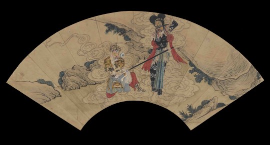 Chinese, Qing Dynasty (1644–1911), Fan Painting with Peking Opera Scene (Tiger), 19th century, Folding fan mounted as album leaf, ink and colors on gold paper. Courtesy Museum of Fine Arts, Boston.