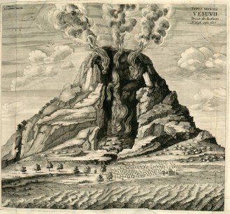 Athanasius Kircher, The eruption of Vesuvius, engraved plate from Mundus subterraneus (1678),