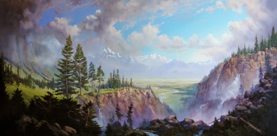 Tim Wilson, Yellowstone Impression. Oil on berge linen. 100cm x 200cm. (Private collection, Yellowstone Club Montana)