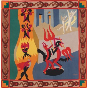 Fortunato Depero, Little Black and White Devils, Dance of Devils (Diavoletti neri e bianchi, Danza di diavoli), 1922–3. Pieced wool on cotton backing, 184x181cm MART, Museo di arte moderna e contemporanea di Trento e Rovereto, Italy