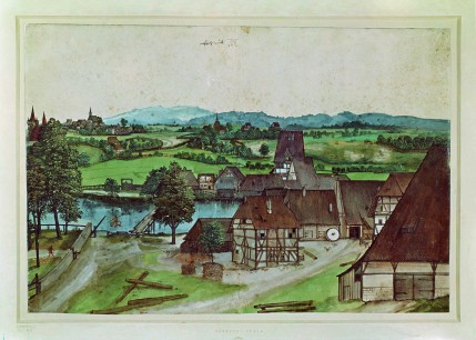 Albrecht Durer, Wire-Drawing Mill on the Pegnitz, before 1490 or c.1494. Watercolour and body colour on paper. 28.6 x 42.6 cm.