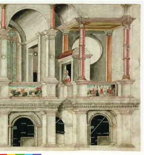 Albrecht Durer, Detail of Parts of the Southern Front and the North-Facing Courtyard Façade of the Nuremberg City Hall, c.1530. Watercolour mounted on canvas. 38 x 100.5 cm.