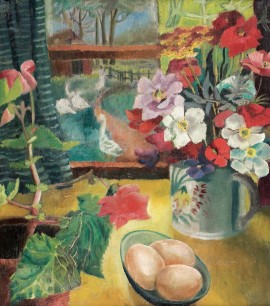 Dora Carrington, Eggs on a Table, Tidmarsh Mill, c. 1924. Oil on board; 53.3 x 76.8cm Private Collection. Photo The Bloomsbury Workshop